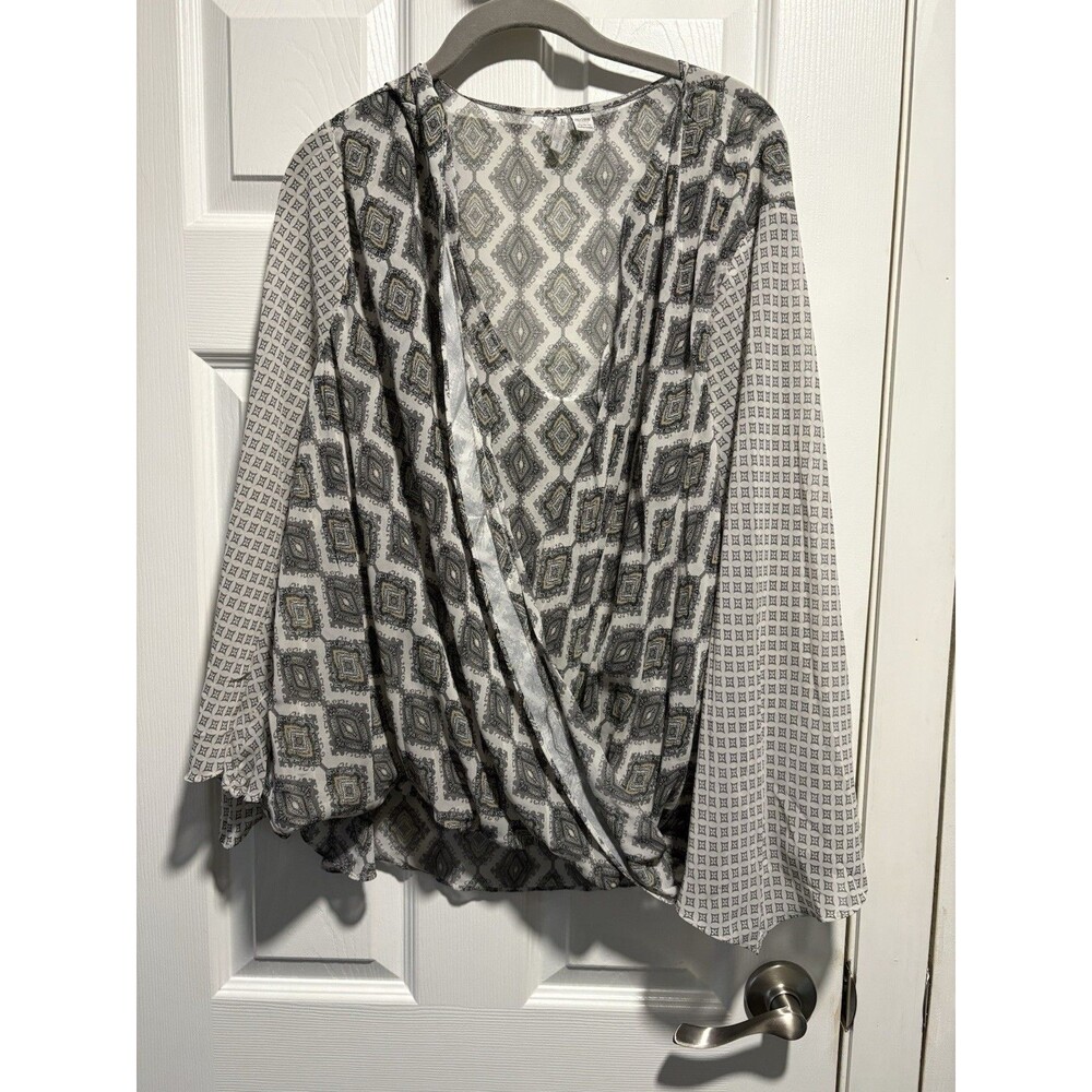 Cato Blouse Draped Criss Cross Tulip Sleeve Neutral Boho Office Whimsical 26/28